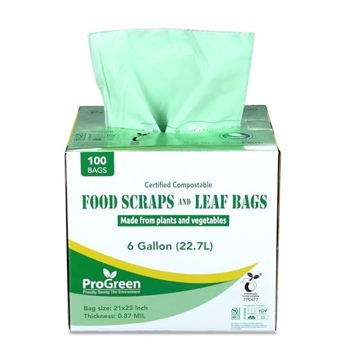 ProGreen Compostable Trash Bags Extra Thick Compost Kitchen Bin Bags Food Scraps Yard Waste Bags ASTM D6400 BPI and TV AUSTRIA Certified 6 Gallon Pack of 100